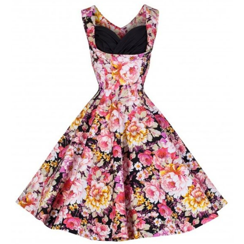Lindy Bop Black Floral Fit-and-Flare Dress with Pink & Yellow Blooms